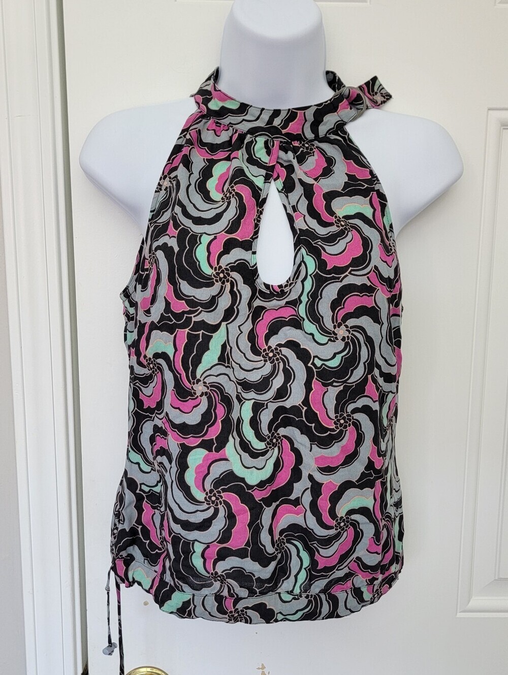 Ted Baker London Black Floral Cotton Halter Tie Neck Keyhole Blouse Size 2 US 6